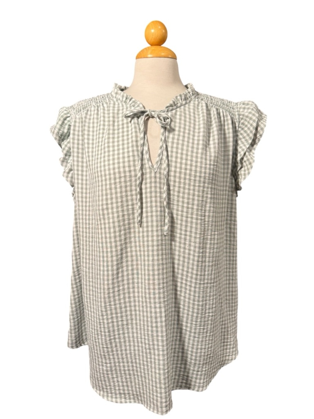 Tamara H. Light Sage Green Gingham Ruffle Tie-Neck Top